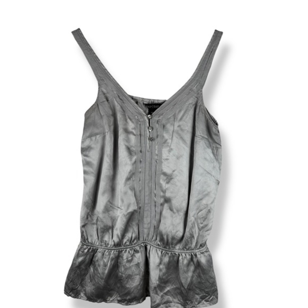 WHBM Silver Silk Top Womens Size Small Romantic Peplum  Ethereal Party Glam Club